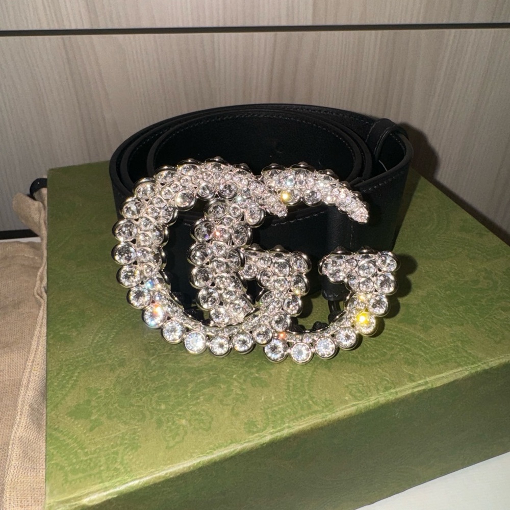 Gucci Black Leather Belt with Crystal-Embellished Double G Buckle